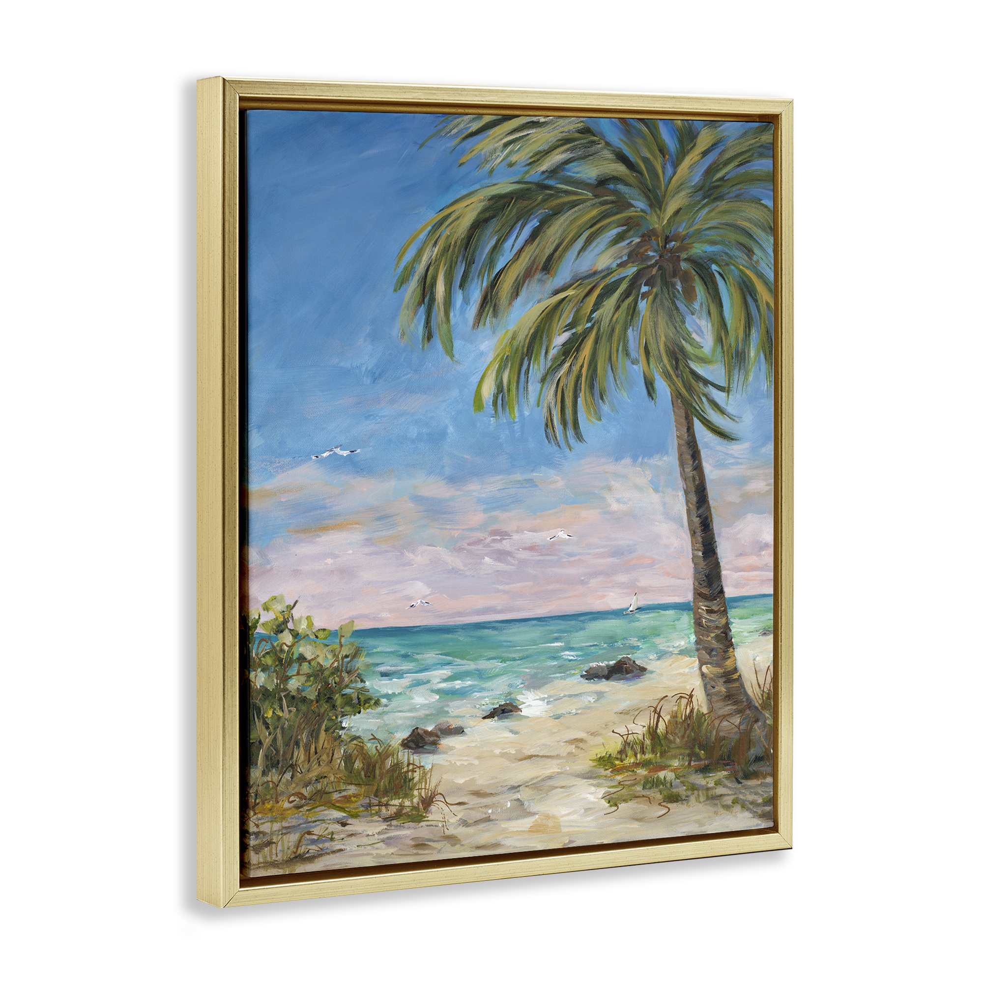 Stupell Industries By the Single Palm Coastal Painting Gold Floater Framed Canvas Art Print Wall Art, 17 x 21
