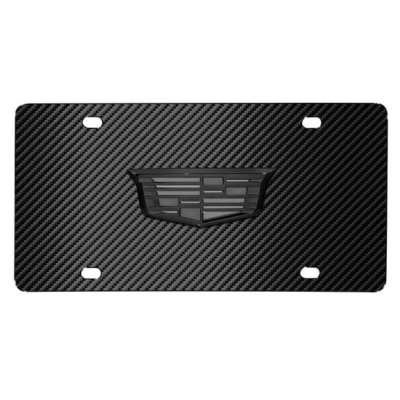 iPick Image for Cadillac 3D Crest Logo in Gunmetal Dark Gray on Black Carbon Fiber Pattern Stainless Steel License Plate, Official Licensed