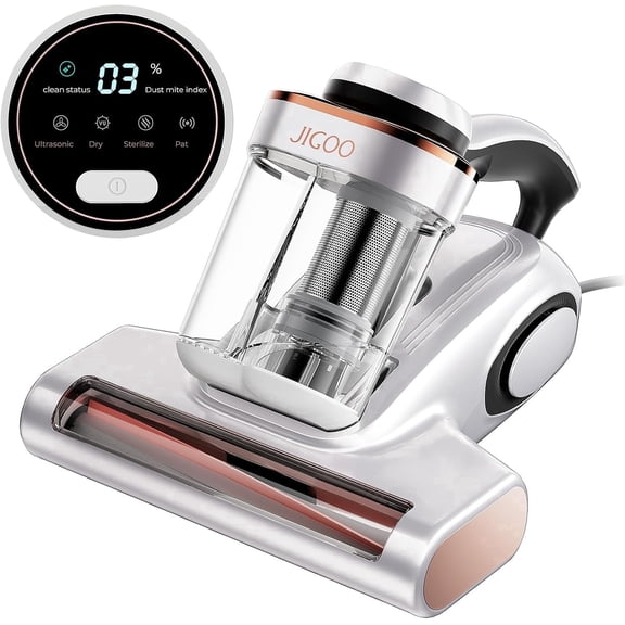 JIGOO J300 Professional Mattress Vacuum with 13KPa Powerful Suction - 500W Smart Deep Cleaning System, Dual-Cup Filtration & 12,000 BPM Agitation for Bedding, Sofas & Rugs - White