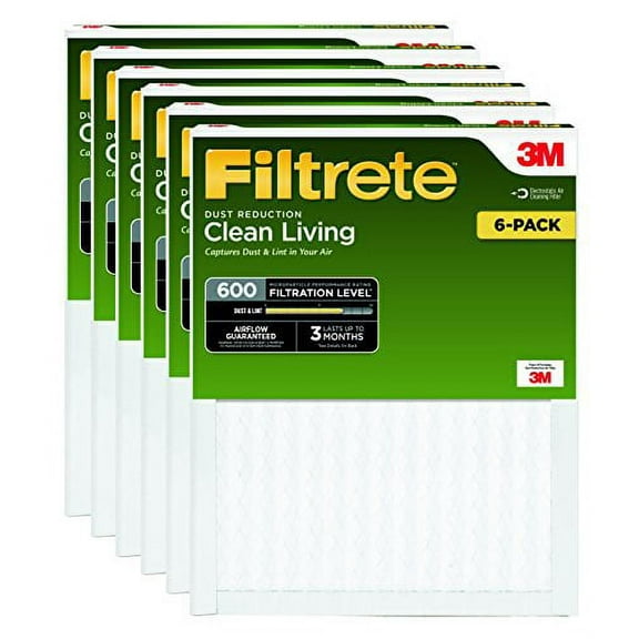 Filtrete 16x20x1, AC Furnace Air Filter, MPR 600, Clean Living Dust Reduction, 6-Pack (exact dimensions 15.69 x 19.69 x 0.81)