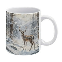 Novelty Coffee Mug - Winter Deer Mug - 330 ml / 11 oz White Ceramic Cup - Tea Cup for Xmas Party