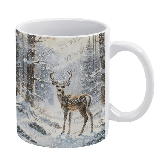Novelty Coffee Mug - Winter Deer Mug - 330 ml / 11 oz White Ceramic Cup - Tea Cup for Xmas Party