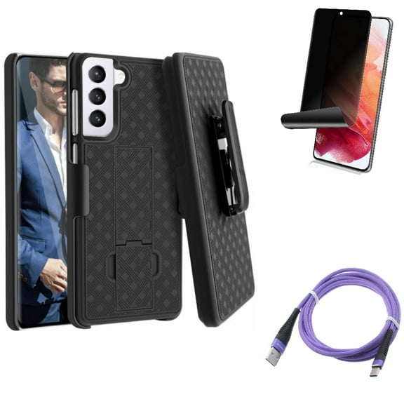 Privacy Screen Protector w Case Belt Clip w 6ft USB Cable for Samsung Galaxy S21 Plus - TPU Film Fingerprint Works, Holster Swivel, Purple Type-C Accessory Bundle