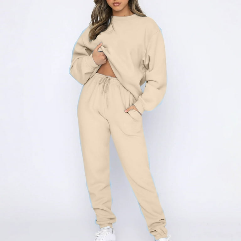 Jalioing Sweatsuit Women Hoodless Matching Tracksuit Sets Tapered Sweat  Pants Crewneck Pullover Tops Classic Outfits (Medium, Beige)