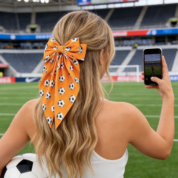 ONLYEOR Orange Long Ribbon Football Print Bow Hairpin, Soccer Pattern Bow Hair Clip, Cute & Trendy Hair Accessory, For Game Day & Party