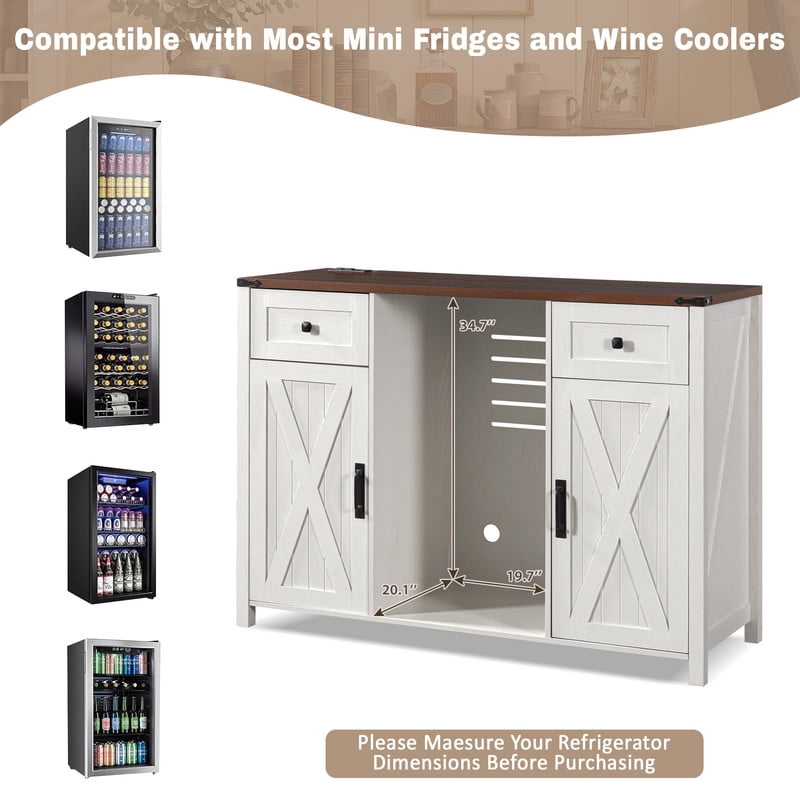 Farmhouse Bar Cabinet with Power Outlet, Home Coffee Storage Cabinet with Mini Fridge Nook, Sideboard Buffet with Barn Doors & 2 Drawers