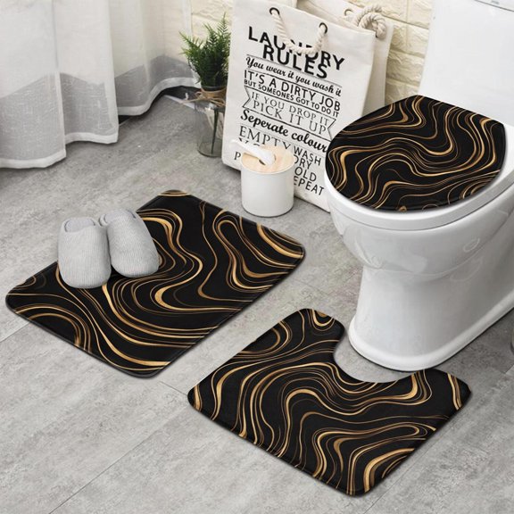 Black Gold Wave Marble Pattern Bathroom Rugs Sets 3 Piece,Toilet Cover Set,Absorbent Non Slip Bathroom Mats Sets with U-Shaped Contour Rug Toilet Rug Set