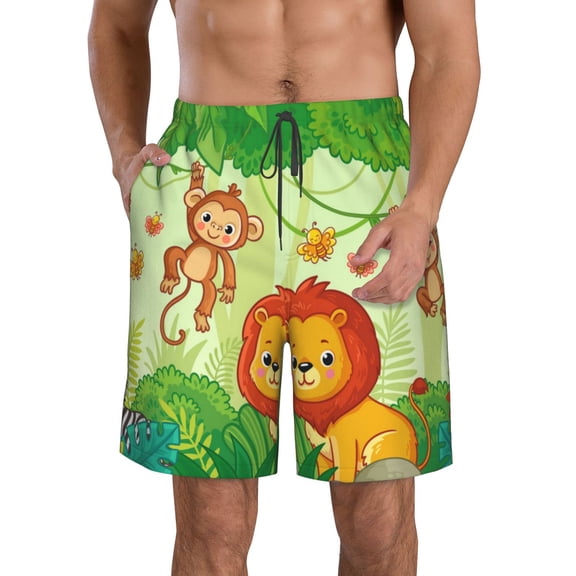 Fuzoiu African Animals in the Jungle Print Men's Beach Shorts,Men's Swim Trunks,Quick Dry Board Shorts with Pockets,Men's Bathing Suits for Surfing, Running, and Casual Wear-Small