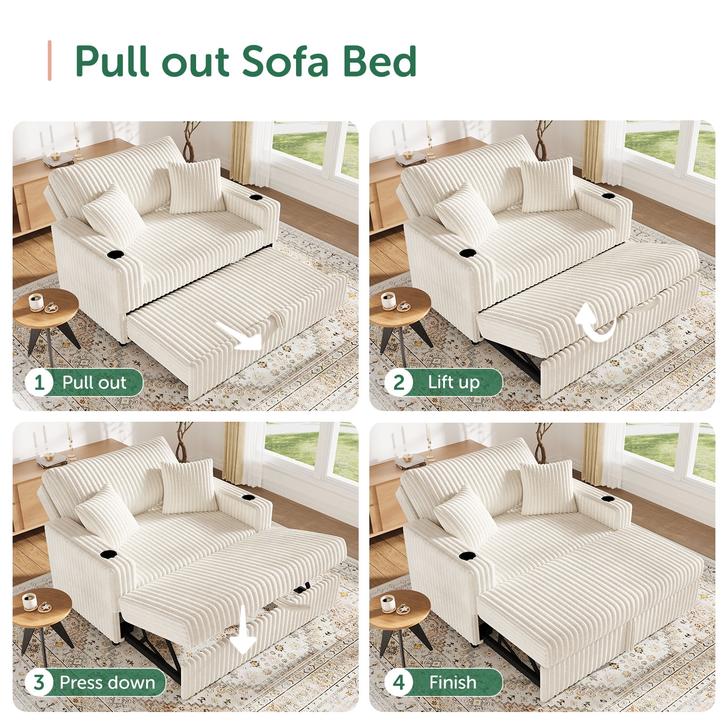Marrber 52" Convertible Sleeper Loveseat with Reclining Backrest & Cup Holders, Pet-Friendly Corduroy for Small Space, Beige