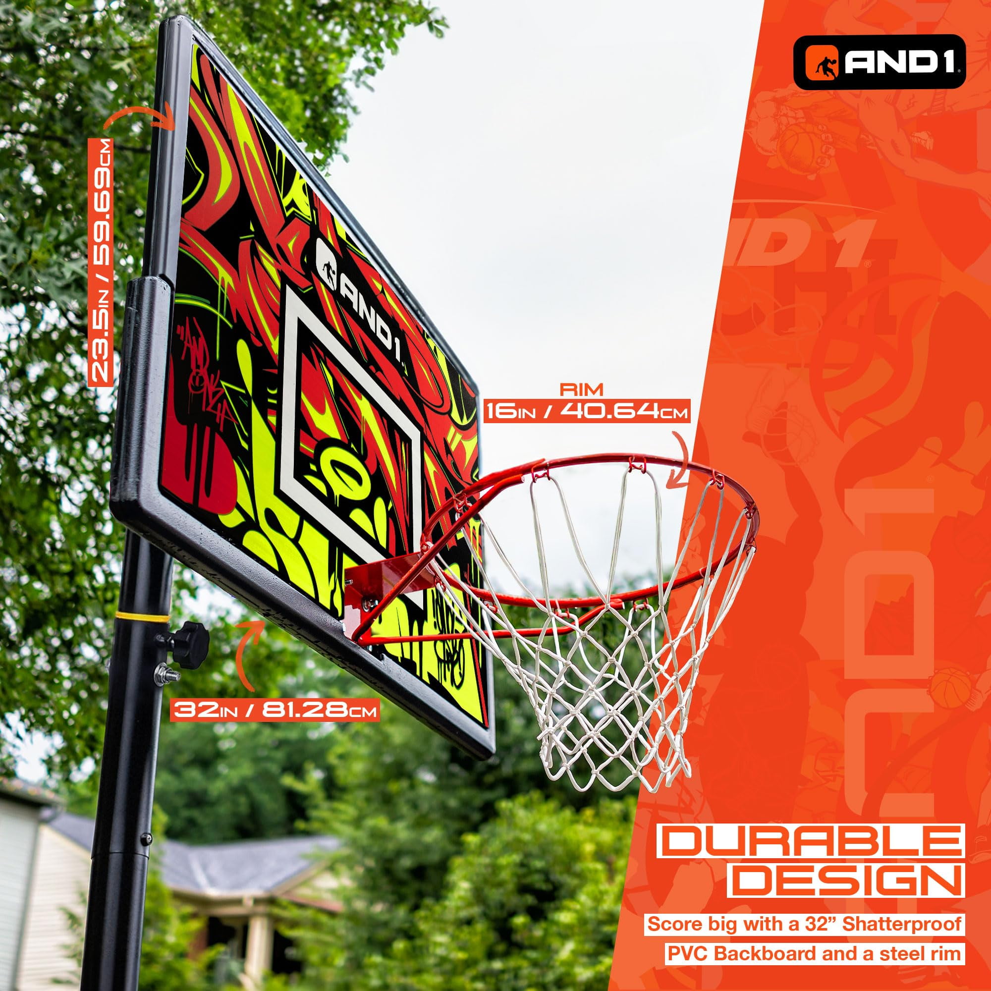 AND1 32" Youth Basketball Hoop & Basketball Bundle - Adjustable Portable Outdoor Hoop, 5-7 ft Adjustable Height