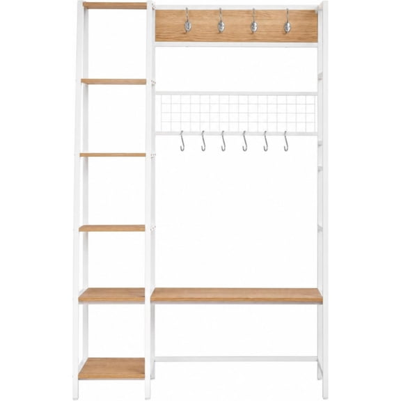 43" Hall Tree for Entryway – Coat Rack with Shoe Bench, 5-Tier Shelves & Hooks – 5-in-1 Front Door Storage Wall Rack