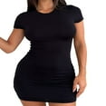 thumbnail image 1 of Women Bodycon Mini Dress Ruched Casual Short Sleeve  Neck Solid Slim Fit Tee Shirt Dress, 1 of 7