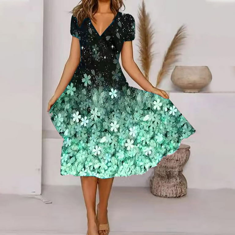 Finelylove Summer Midi Dresses For Woman Pastel Color Dress For Women A line Short Short Sleeve Floral Mint Green XXXXL