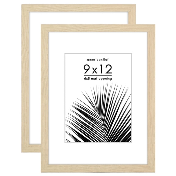Americanflat 9x12 Picture Frame with Polished Plexiglass with 6x8 Mat 2 Pack Display Photo Wall - Natural Oak