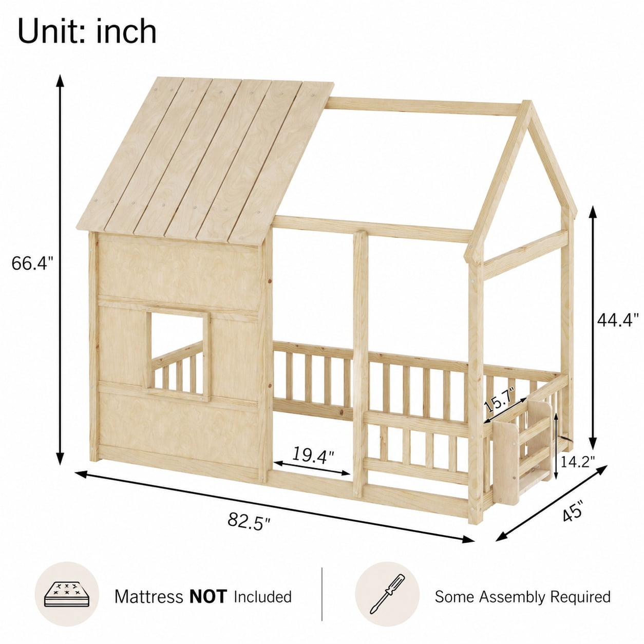Miniyam Montessori Floor Bed with Roof and Guardrails, Kids House Bed Frame with LED Lights and Bookshelf, Natural