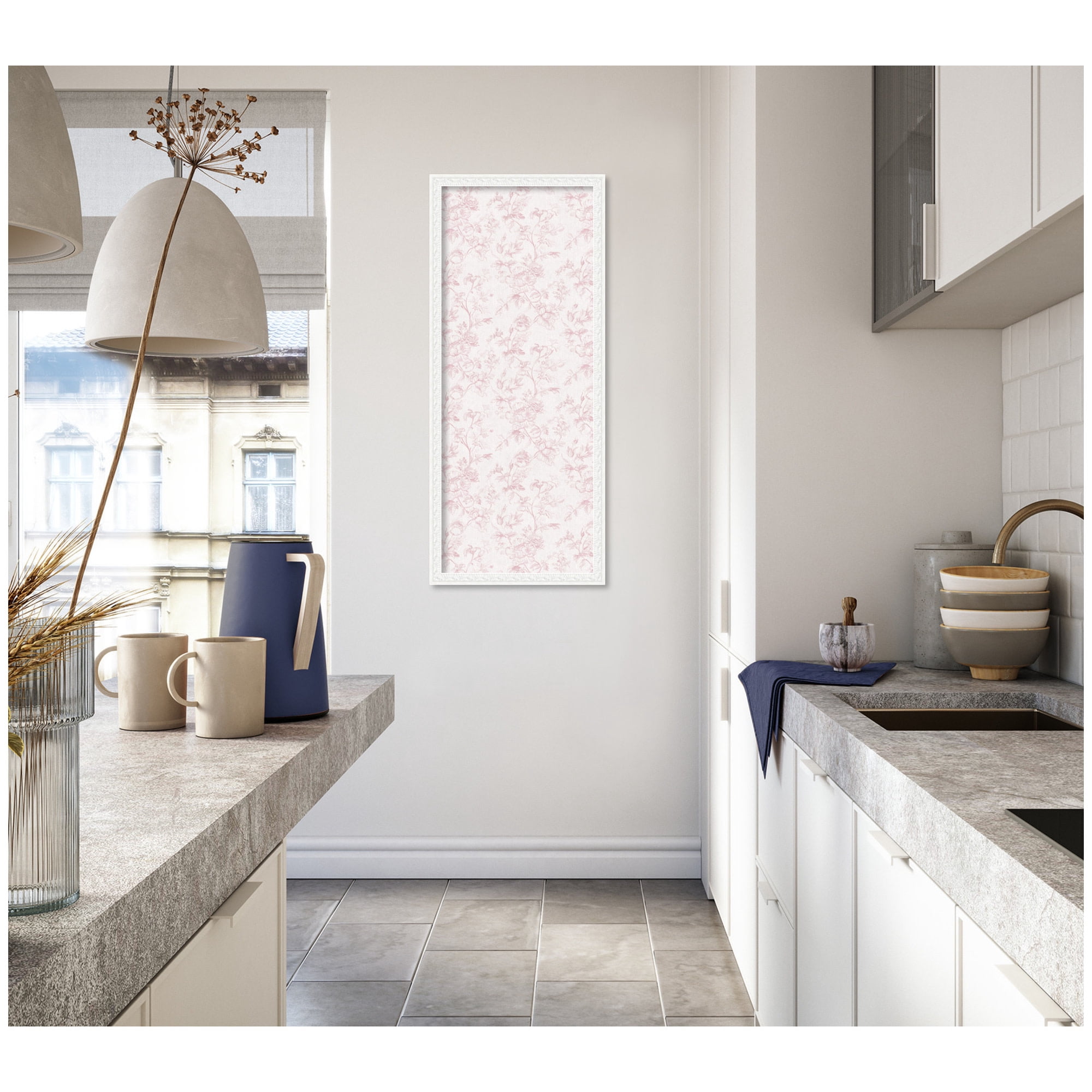 Kate and Laurel Framed Fabric Pinboard 18 x 42, Pink and White Floral Toile Printed Linen Traditional Bulletin Board for Use as a Vision Board or Wall Organization, Bethany White Frame
