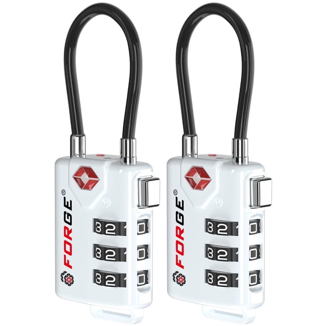 Forge TSA Approved Cable Luggage Locks, Re-settable Combination with Alloy Body(White 2 Locks)
