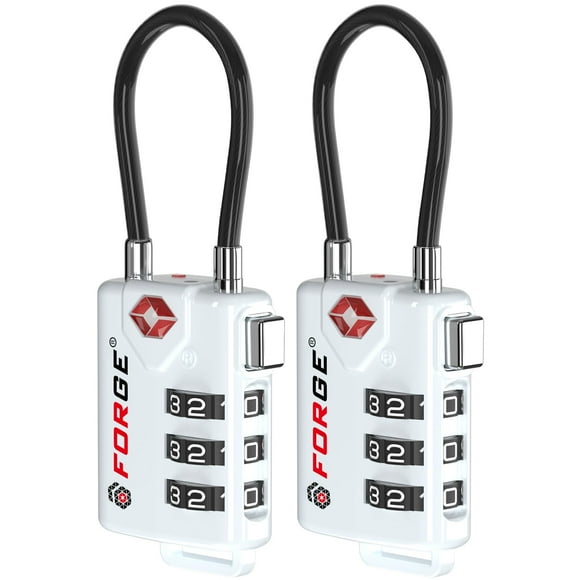Forge TSA Approved Cable Luggage Locks, Re-settable Combination with Alloy Body(White 2 Locks)