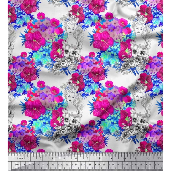 Soimoi Pink Poly Georgette Fabric Women Face & Floral Printed Fabric 1 Yard 42 Inch Wide