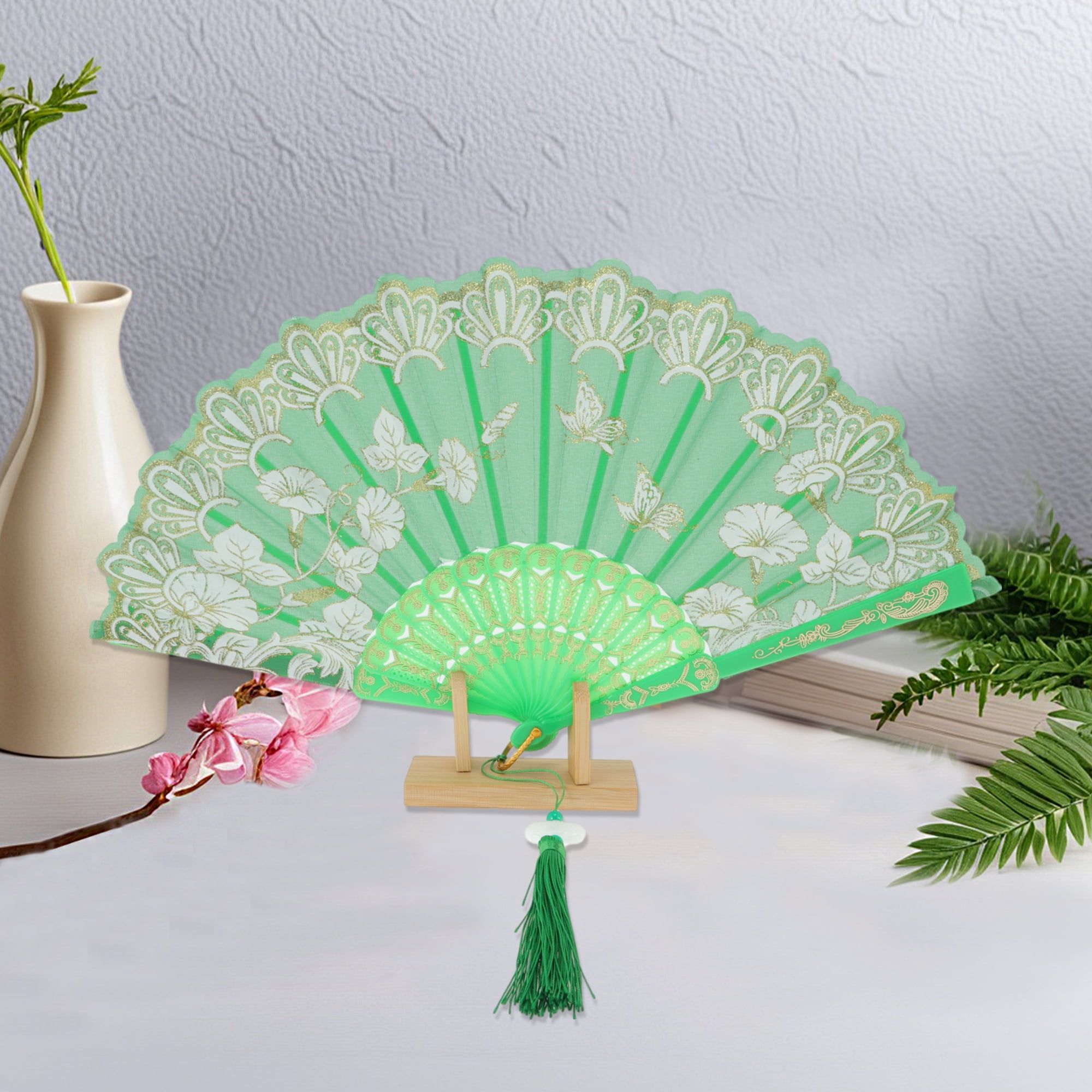 Unique Bargains Tassel Folding Fan 1 Pc for Weddings Parties Green