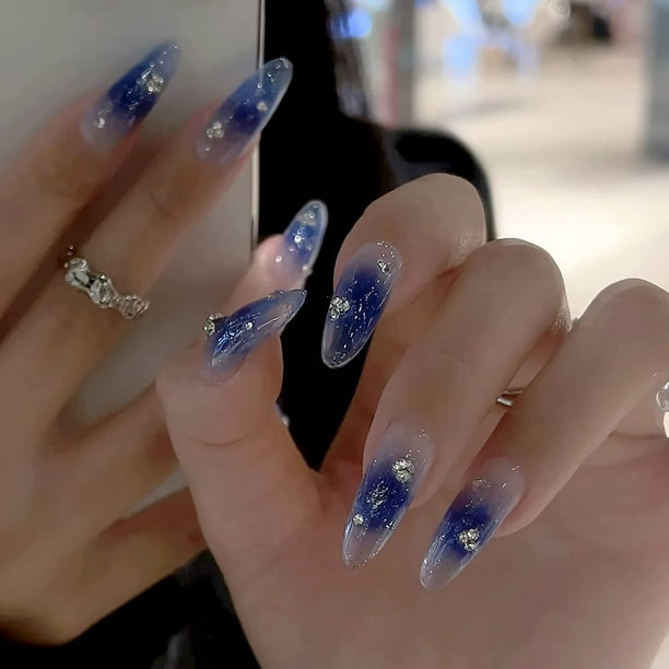 Press On Nails Medium Round Fake Nails Blue Glossy Glue On Nails  Rhinestones Acrylic Nails 24Pcs Oval Stick On Nails - Walmart.Com