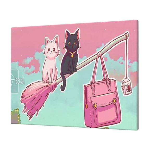 Logiee Cats On Broomstick Print Canvas Wall Art,Canvas Picture Prints with Frame, Wall Art Decorative,Canvas Decorative,Suitable for Living Room Bedroom Office Room 30x40