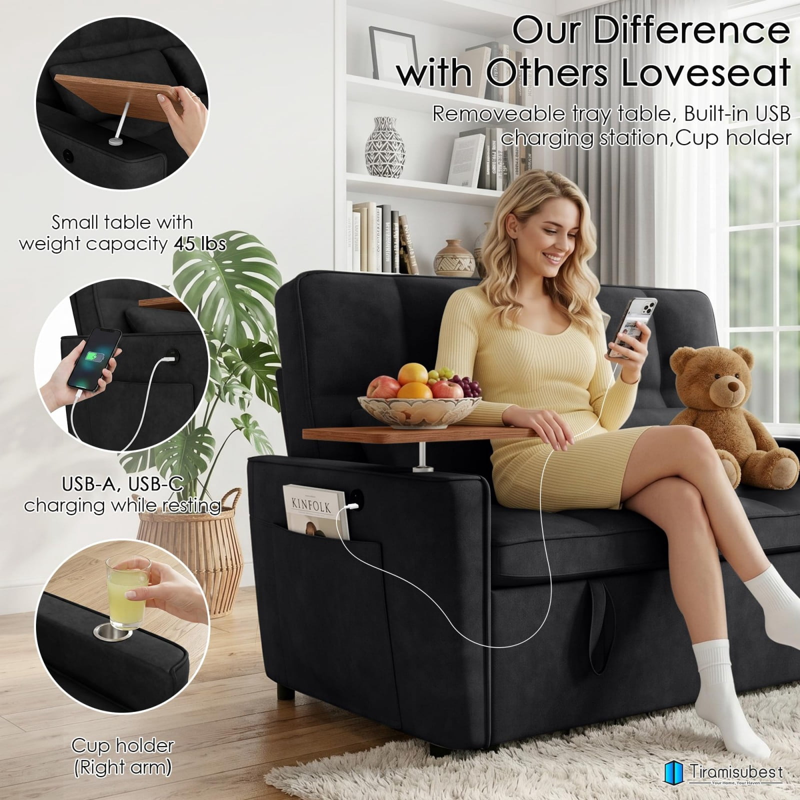 54" Sleeper Sofa Bed, Convertible Pull Out Couch Futon with Side Table, USB Ports, Cup Holder, Adjustable Backrest, Velvet Sofa Bed for Living Room Apartment, Black