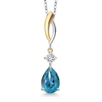 Gem Stone King 925 Silver and 10K Yellow Gold London Blue Topaz and White Moissanite Pendant Necklace for Women | 2.71 Cttw | Gemstone November Birthstone | Pear Shape 10X7MM | With 18 inch Chain