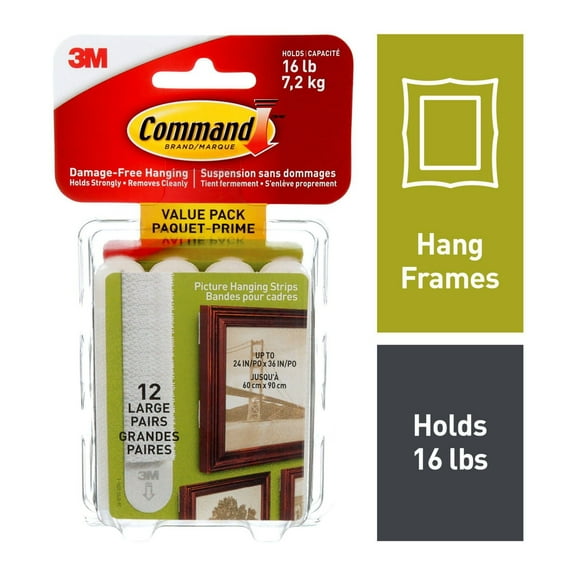 Command™ Picture Hanging Strips 17206-12EF, White, Large, 24 Strips Per Pack