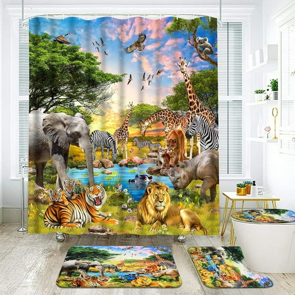 Funny Wild Animal Shower Curtain Sets with Memory Foam Bath Mat, Non-Slip Bath Rugs and Toilet Lid Cover, Kids Jungle Nature Shower Curtains for Bathroom with Hooks, Lion Tiger Elephant Bathroom Set
