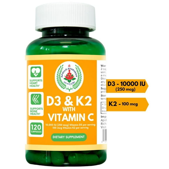 Vitamin D3 10000 IU  Vitamin K2 100 mcg 120 Capsules | Support Heart, Bones |  Apollo Ayurveda's Vitamin D3 K2 with Vitamin C