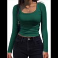 thumbnail image 1 of Camisas de Larga con Cuello Redondo para Mujer, Blusas Informales de Punto Acanalado de Corte Ajustado, Camisetas Básicas de Trabajo para Verano y Otoño. Verde Oscuro L, 1 of 9