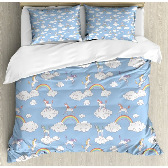 Cartoon Duvet Cover Set, Mythical Creatures Walking and Jumping Clouds with Rainbows Unicorn, Decorative 3 Piece Bedding Set with 2 Pillow Shams, King Size, Sky Blue Multicolor, by Ambesonne