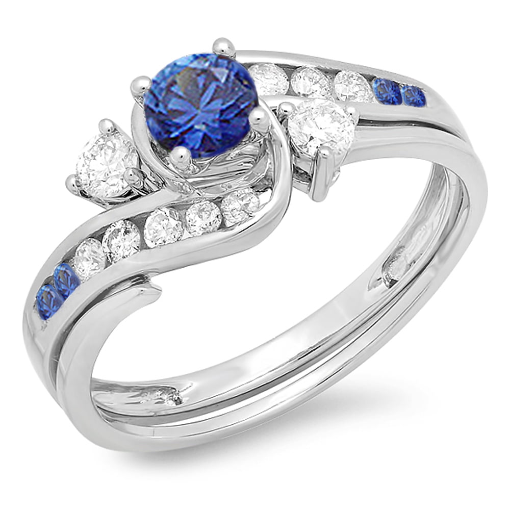 Dazzlingrock Collection 14K Blue Sapphire & White Diamond Ladies 5 Stone Bridal Engagement Ring Matching Band Set White Gold