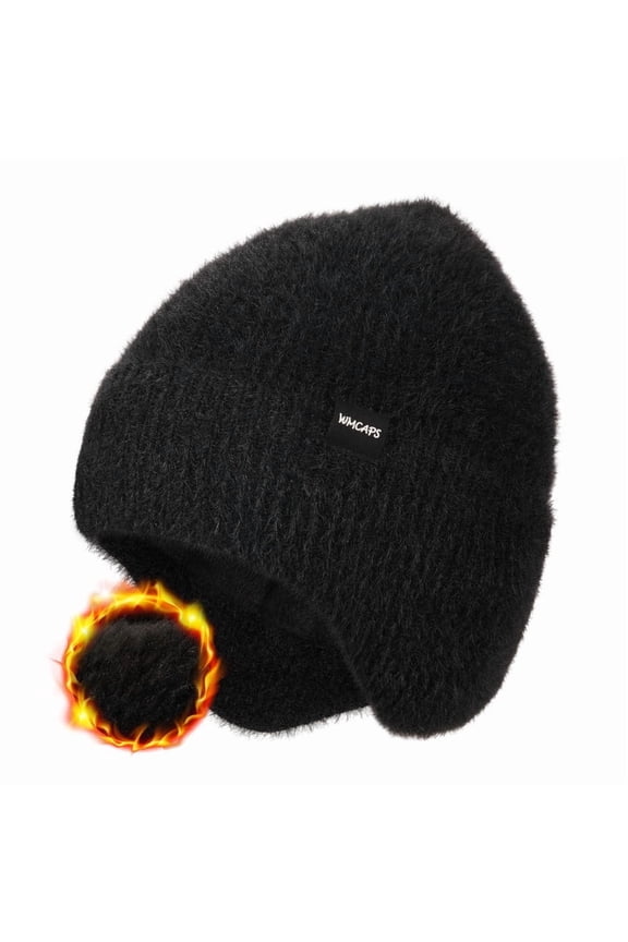Warm Fleece Lined Beanie with Earflap, Thermal Knit Winter Hats for Men WomenStocking Cap for Outdoor(Black)