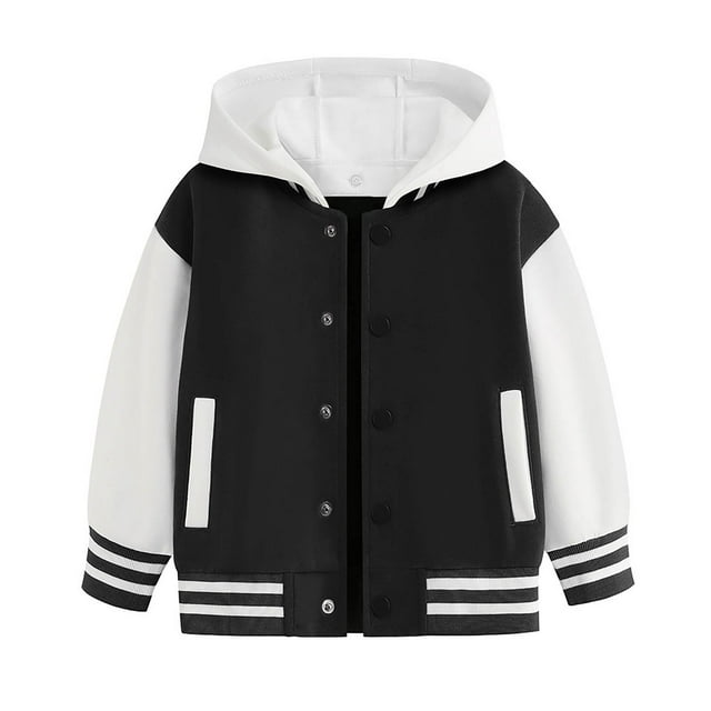 XASZHN Child Boys Girls Autumn Spring Long Sleeved Color Block Baseball Hooded Coat Top Clothes Black 3-4 Years