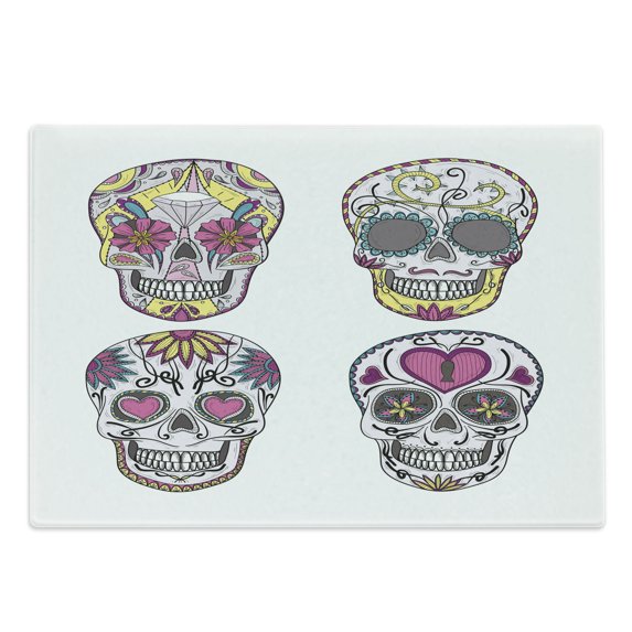 Sugar Skull Cutting Board, Mexican Style Traditional Sugars Hearts Ornate Floral Motifs Skeleton Theme, Decorative Tempered Glass Cutting and Serving Board, Large Size, Multicolor, by Ambesonne