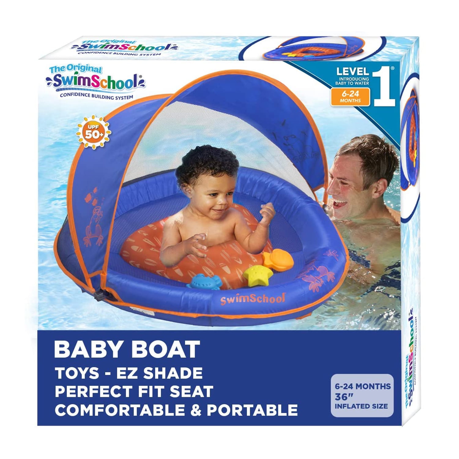 Blue Swim School Fabric Baby Boat Splash and Play Retractable Canopy Safety Seat UPF 50 Extra-Wide Inflatable Pool Float 6 to 24 Months 