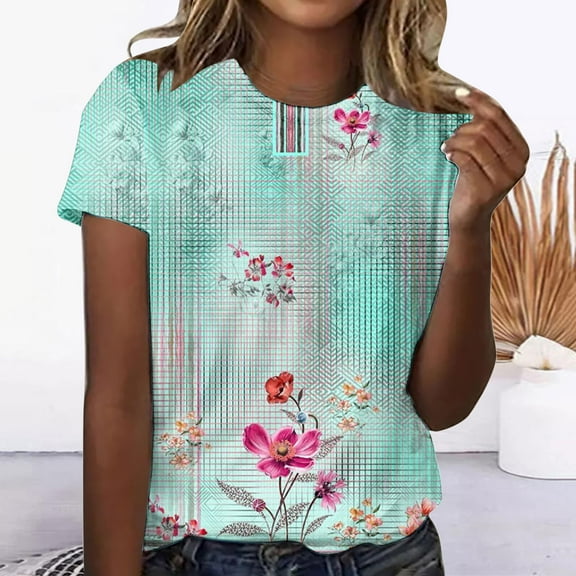 Azrian Womens Plus Size,Women's Casual Retro Printed Round Neck Short Sleeved Top