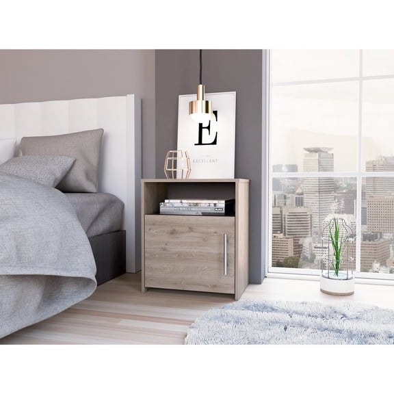 Nordico Nightstand, One Shelf, Single Door Cabinet, Metal Handle Light Gray