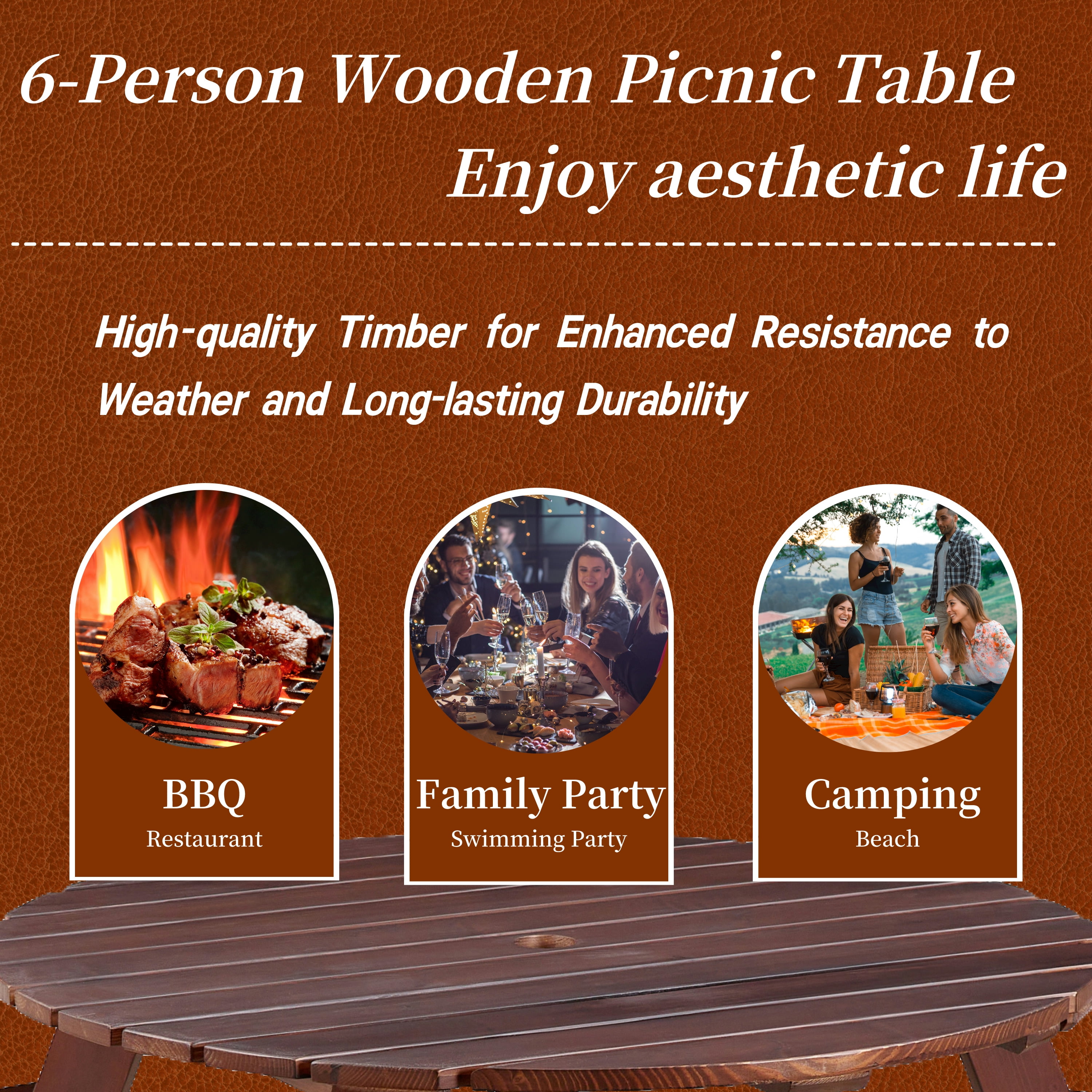 Aukfa Wooden Picnic Table for 6,Outdoor Round Picnic Table w/ 3 Benches for Garden, Backyard,Brown