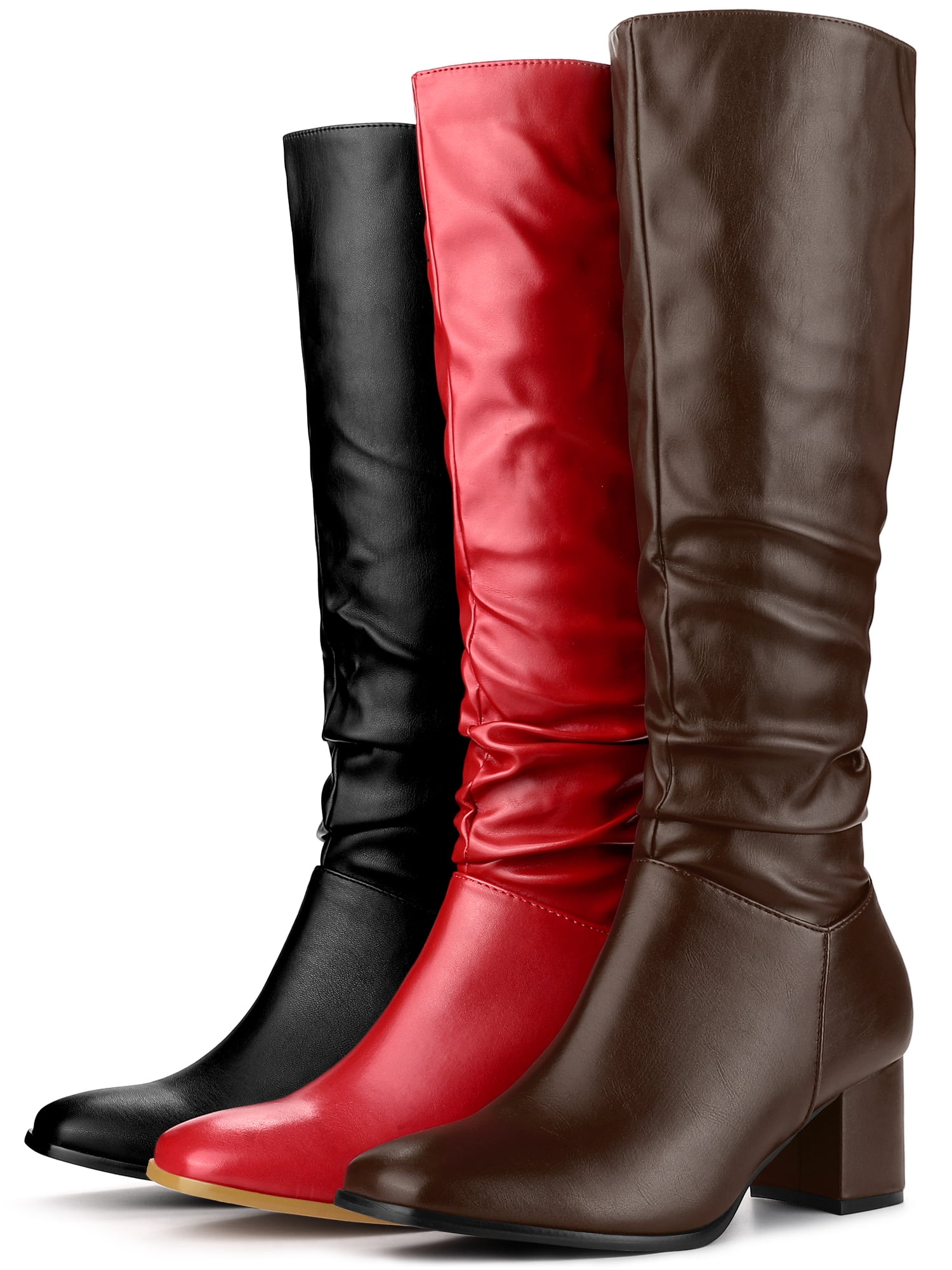 Unique Bargains Women's Slouch Square Toe Chunky Heels Knee High Boots Red 9