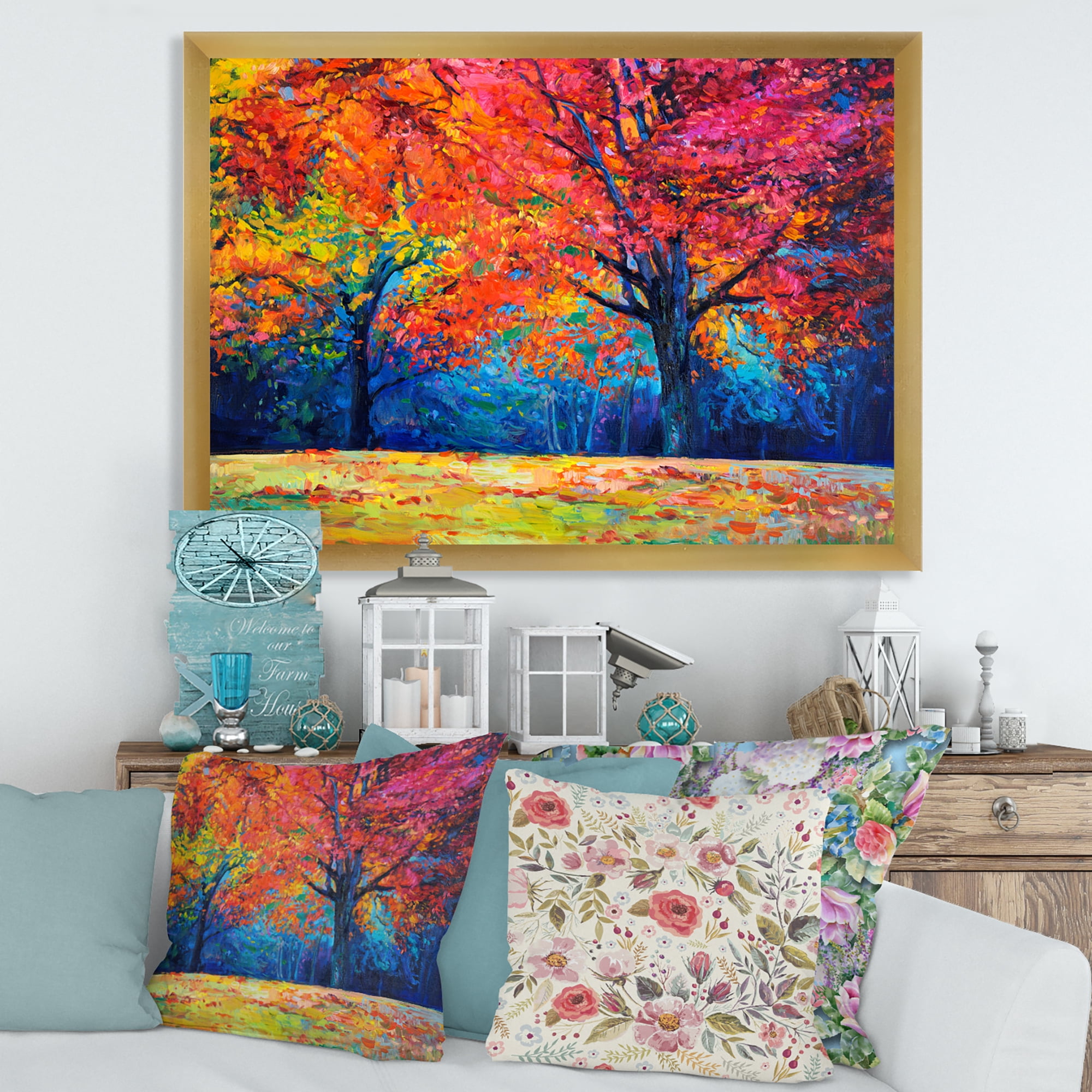 Designart 'Abstract Vibrant Red Tree In Autumn Landscape' Traditional Framed Art Print