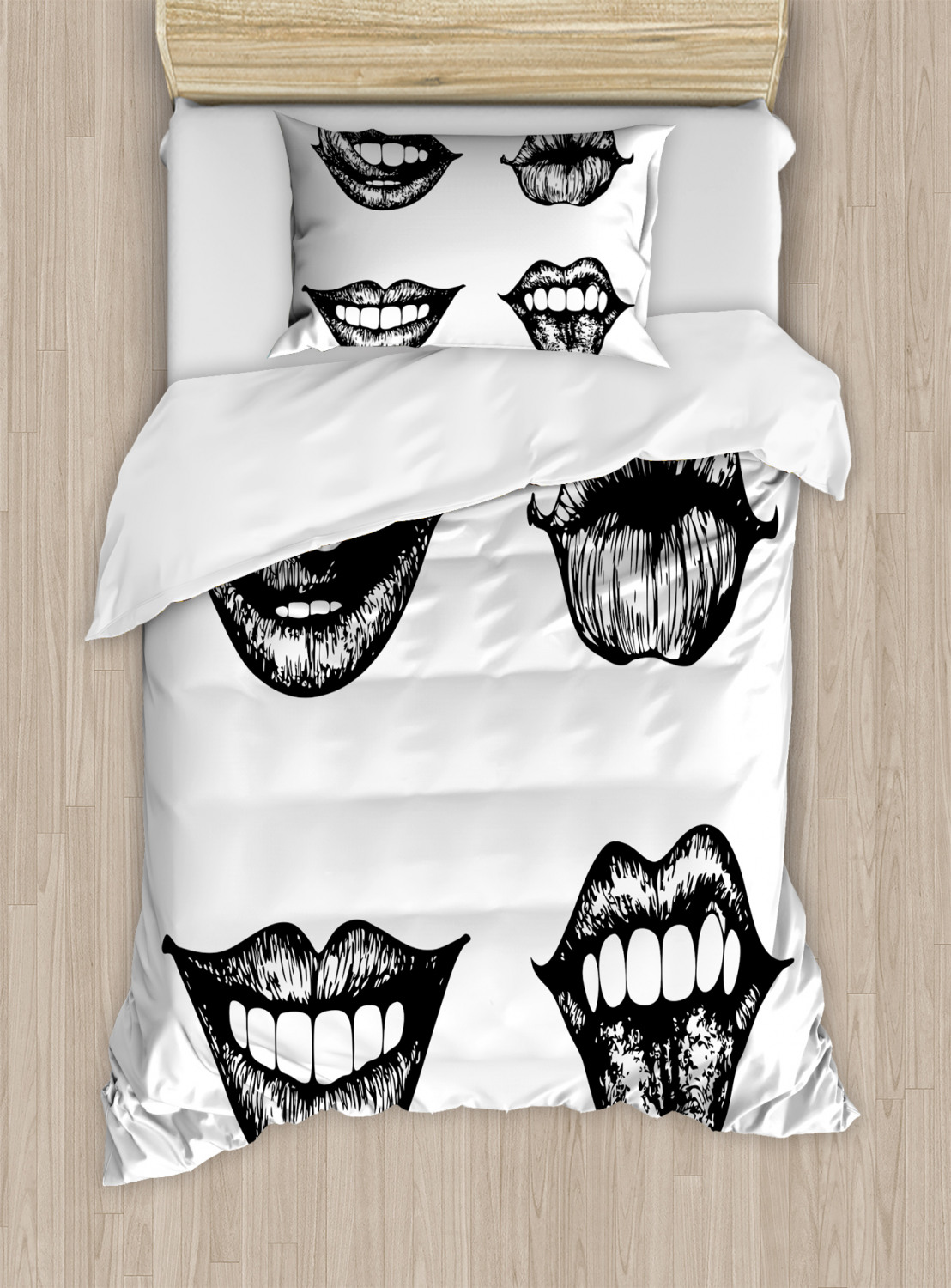 Kiss Twin Size Duvet Cover Set Monochrome Sketch Art Style Sexy Smiling Woman Lips Tongue Face