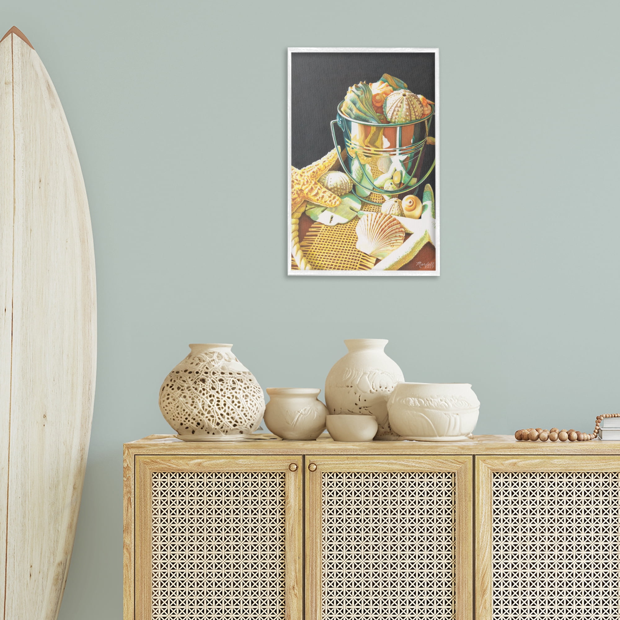 Stupell Industries Bucket Of Seashells Coastal Painting White Framed Art Print Wall Art, 16 x 24