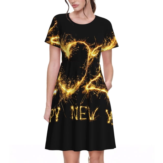 Fotbe Happy New Year 2025 Vestido Largo de Moda para Mujer, Vestido Tipo Camiseta con Manga Corta y Estilo Casual a Rayas y Bloques de Color