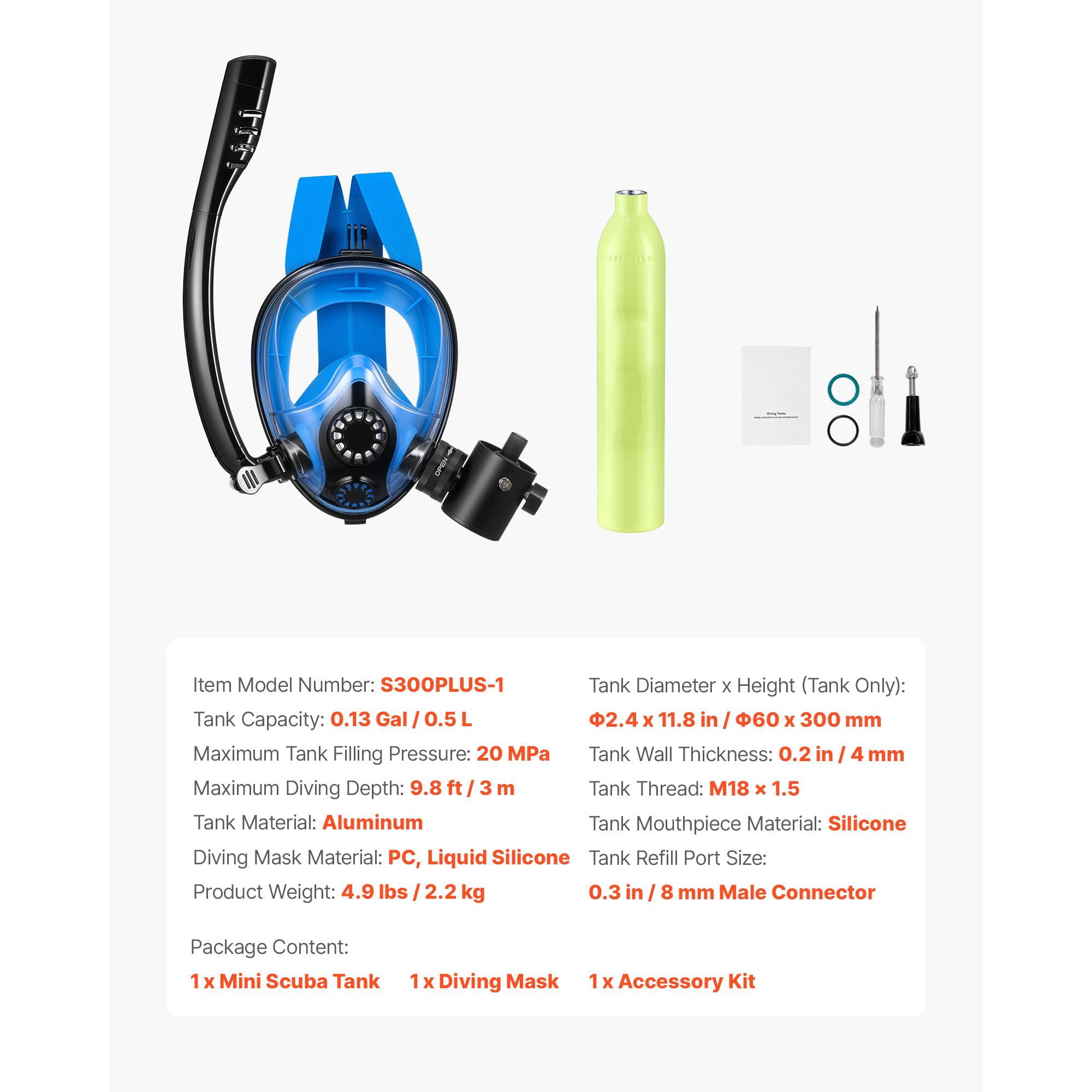 Mini Scuba Diving Tank Set, 0.5L Tank, Full-Face Mask, 5-10 Minutes Breathing Time, 180° Panoramic View, Aviation-Grade Aluminum, for Snorkeling & Shallow Water Exploration