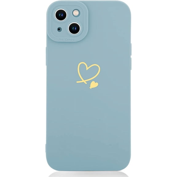 Compatible iPhone14 Plus 6.7 Inch 2022 Case, Gold Size Heart Pattern Design Soft Liquid Silicone Shockproof Case for Ladies Girls Side Cute Heart Pattern Ultra Thin Phone Case (Far Peak Blue)