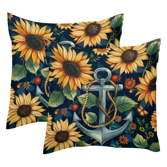 MUOOUM Sunflowers Anchor Pattern Set of 2 Throw Pillow Covers Cases - 16" x 16" Square Decorative Cushion Covers for Sofa Couch Bed Home Decoration