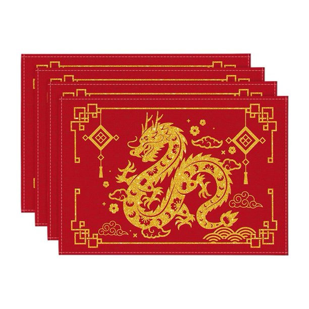 KDJ Chinese Zodiac Dragon Table Runner Set 13x72 Inch Kitchen Dining Decoration for 2024 New Year Spring Festival Winter Home Party with 4 Placemats 12x18 Inch Red Yellow